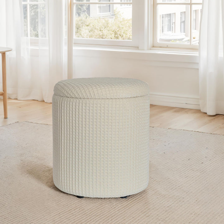 Rund opbevaringsskammel, Ø40x45 cm, beige bomuld, skammel med aftageligt låg, stofopbevaringsskammel, sideskammel og fodskammel til stue, soveværelse, entré