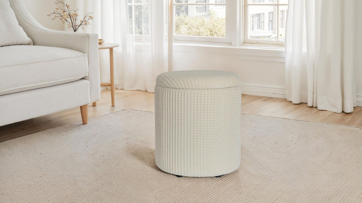 Rund opbevaringsskammel, Ø40x45 cm, beige bomuld, skammel med aftageligt låg, stofopbevaringsskammel, sideskammel og fodskammel til stue, soveværelse, entré