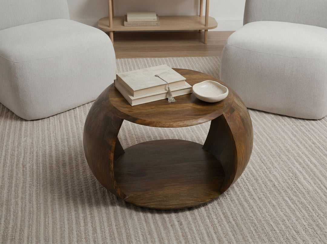 Rundt Sofabord 60 cm i Massivt Mangotræ – Håndlavet Designbord med Hylde