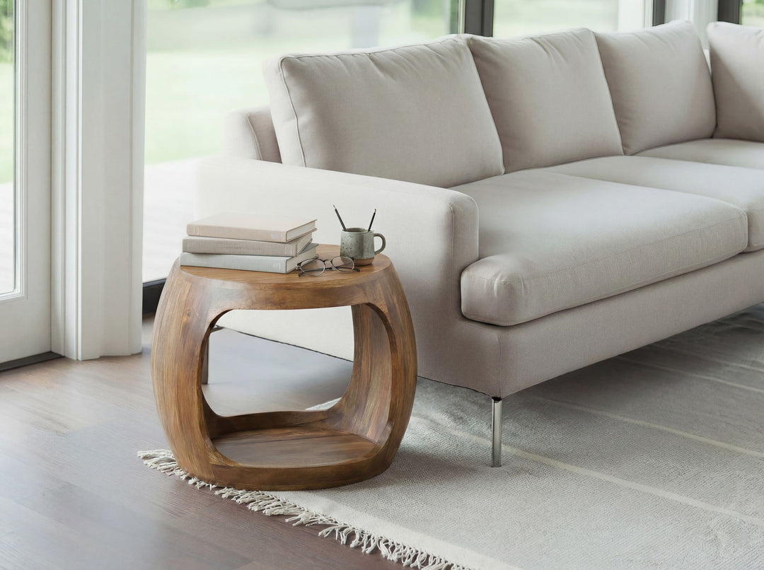 Rundt Sidebord 50 cm i Massivt Mangotræ – Håndlavet Designbord med Hylde