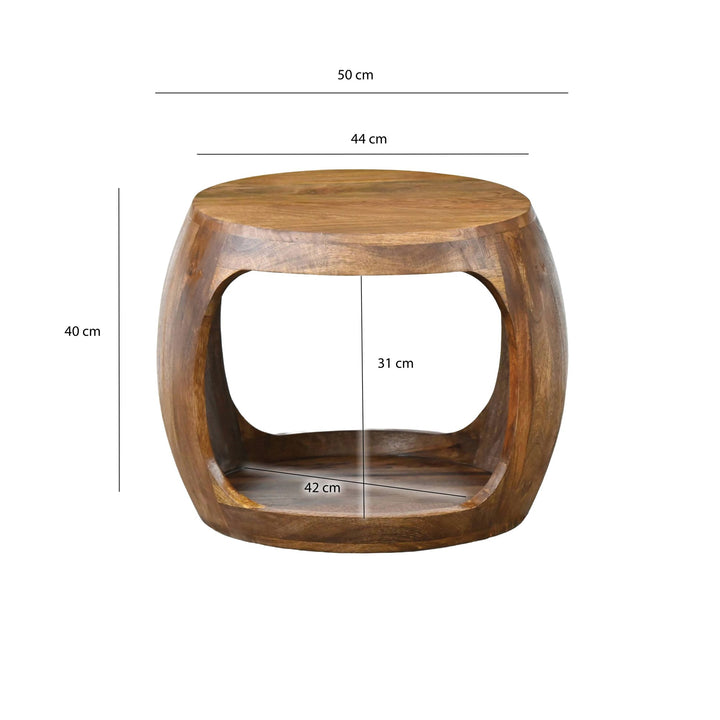 Rundt Sidebord 50 cm i Massivt Mangotræ – Håndlavet Designbord med Hylde