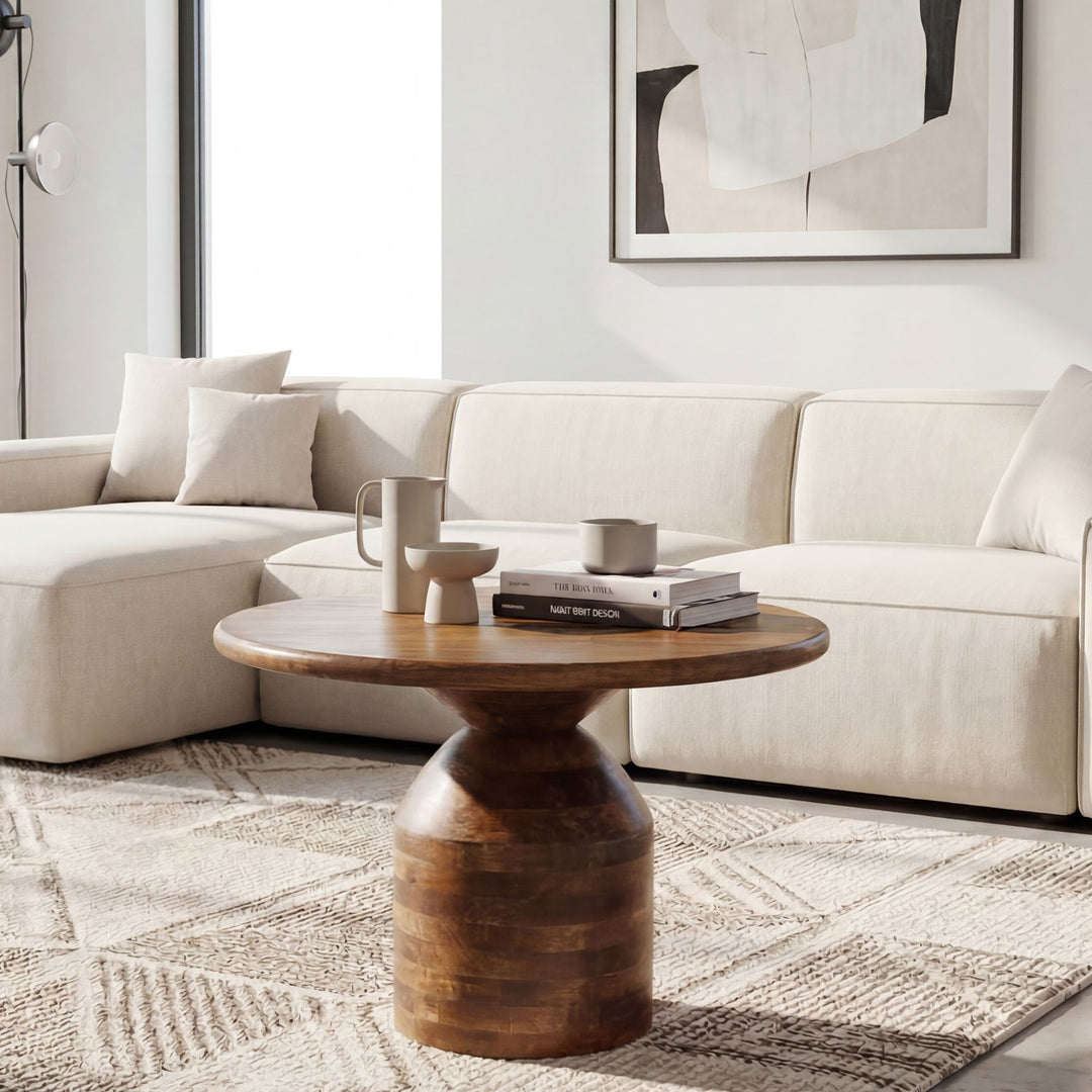 Rundt Sofabord 60 cm i Massivt Mangotræ – Designbord med Søjleben