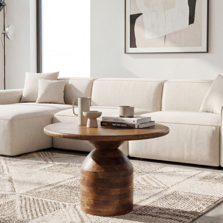 Rundt Sofabord 60 cm i Massivt Mangotræ – Designbord med Søjleben