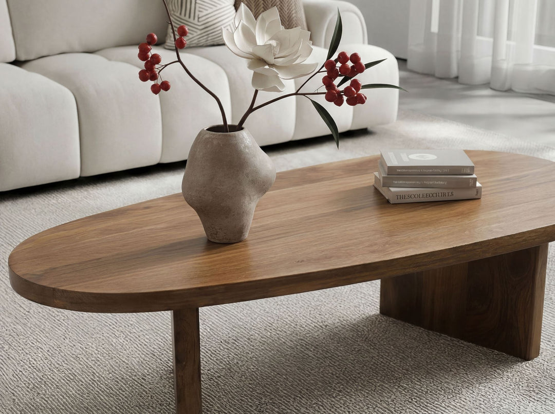 Ovalt Sofabord 120 cm i Massivt Mangotræ – Håndlavet Designbord med Afrundede Former