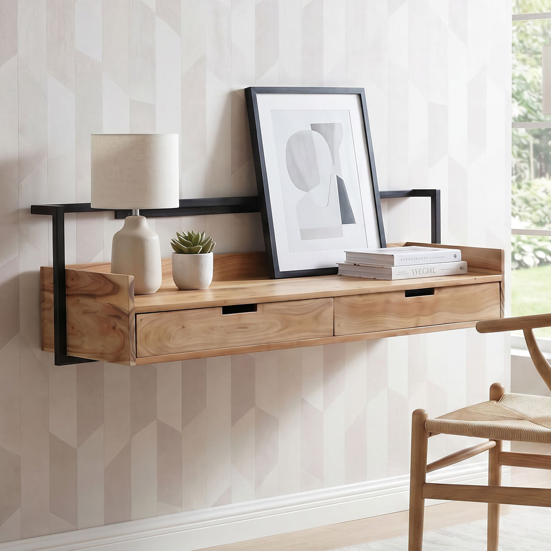 Væghængt Skrivebord 120 cm i Massivt Akacietræ – Designbord med 2 Skuffer
