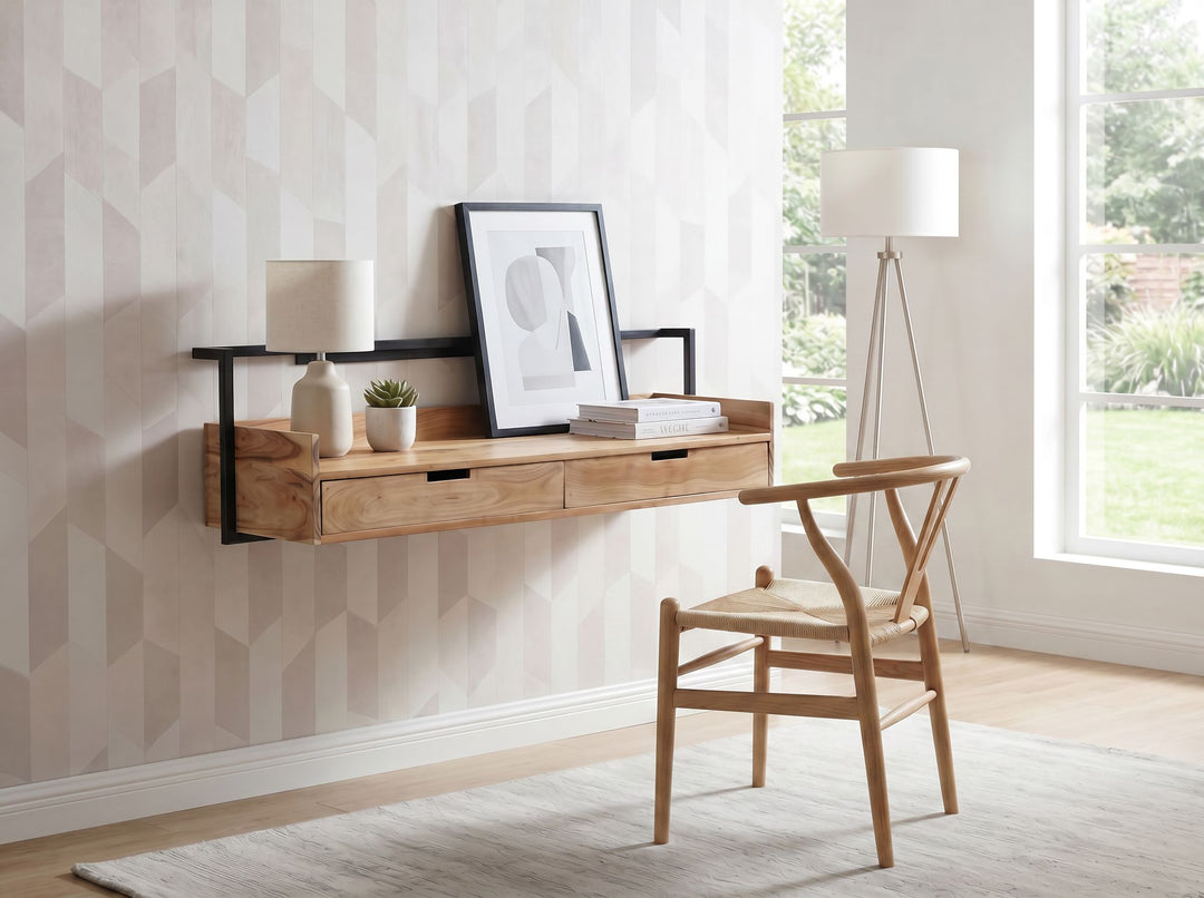 Væghængt Skrivebord 120 cm i Massivt Akacietræ – Designbord med 2 Skuffer