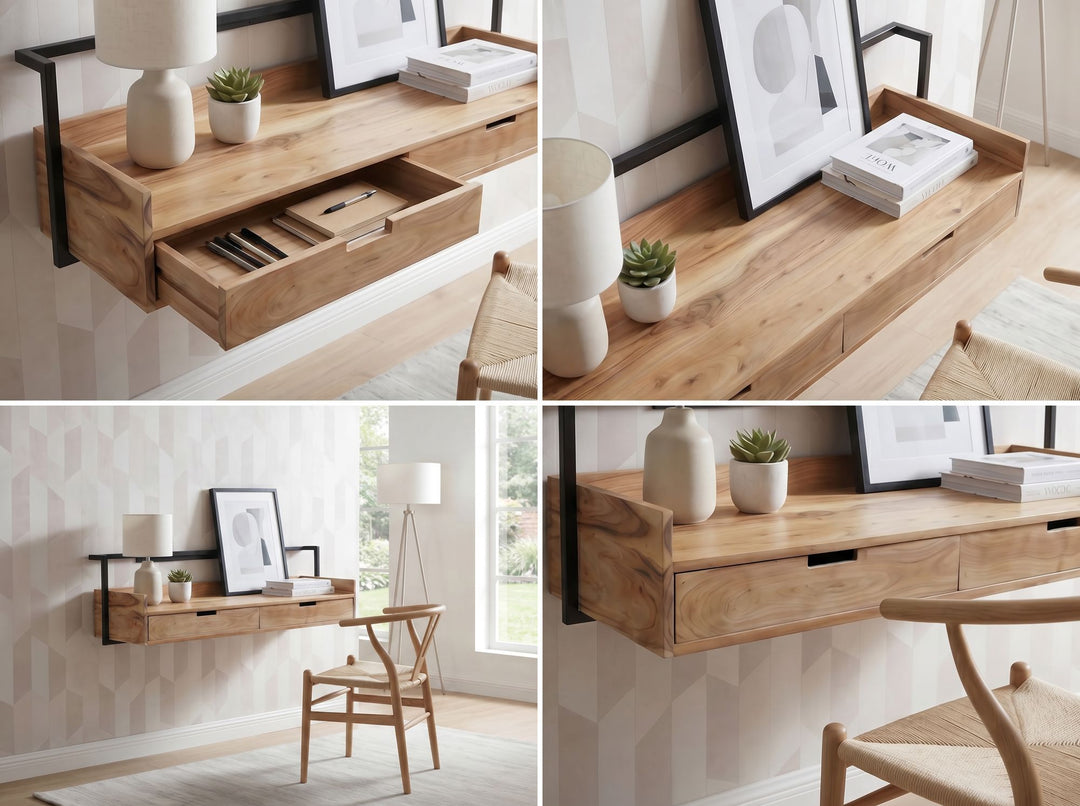 Væghængt Skrivebord 120 cm i Massivt Akacietræ – Designbord med 2 Skuffer