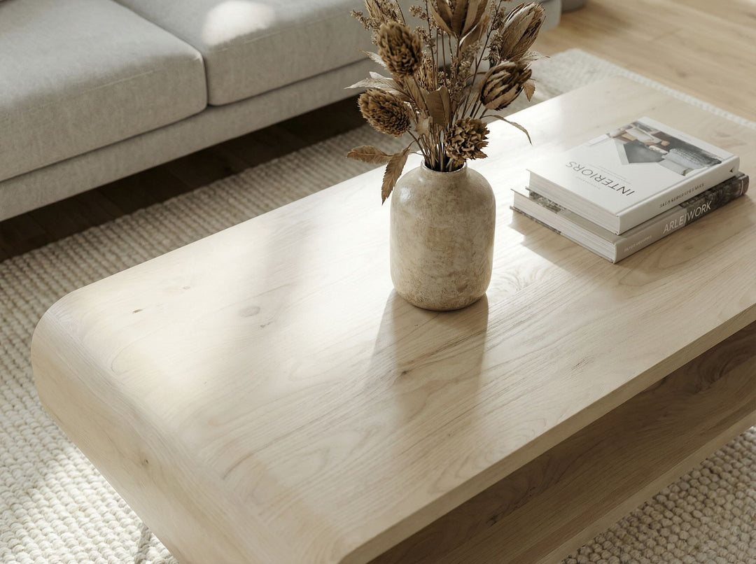 Sofabord 90 cm i Massivt Mangotræ White Wash – Rektangulært Designbord med Metalben