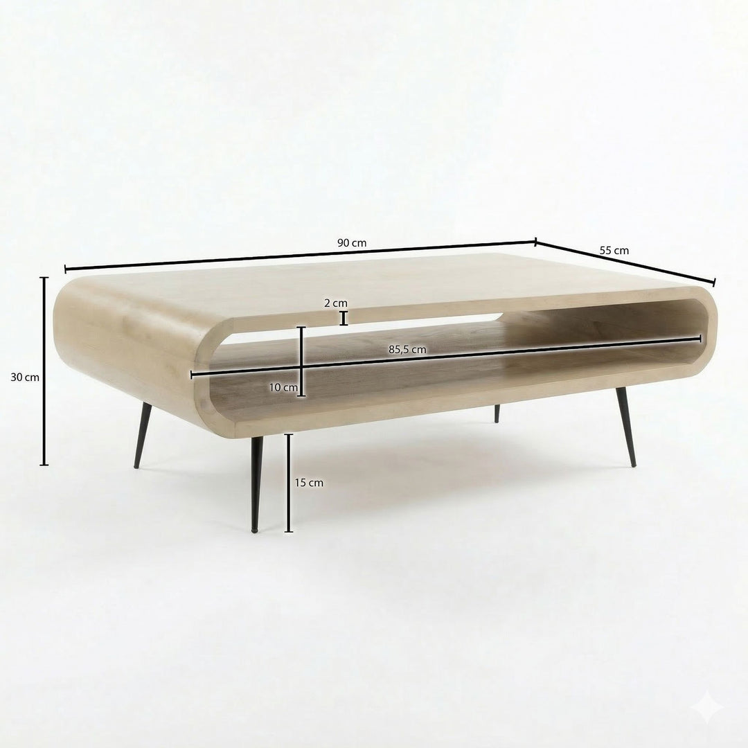 Sofabord 90 cm i Massivt Mangotræ White Wash – Rektangulært Designbord med Metalben