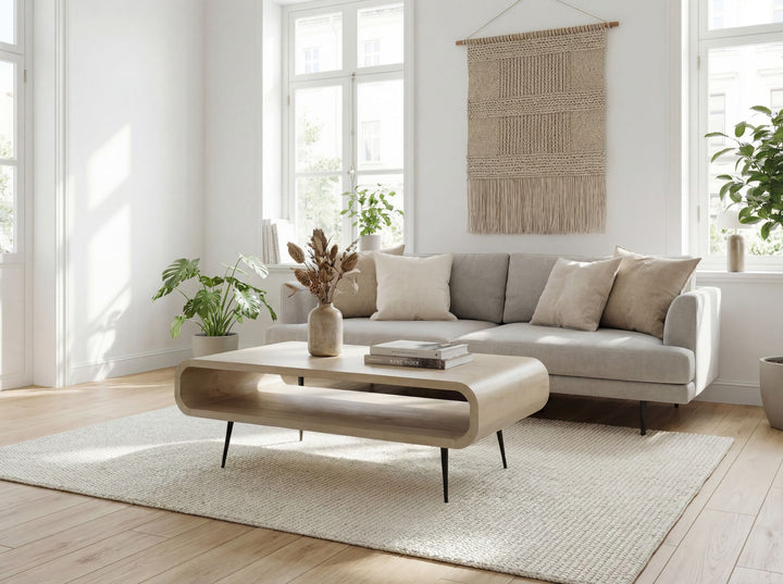 Sofabord 90 cm i Massivt Mangotræ White Wash – Rektangulært Designbord med Metalben