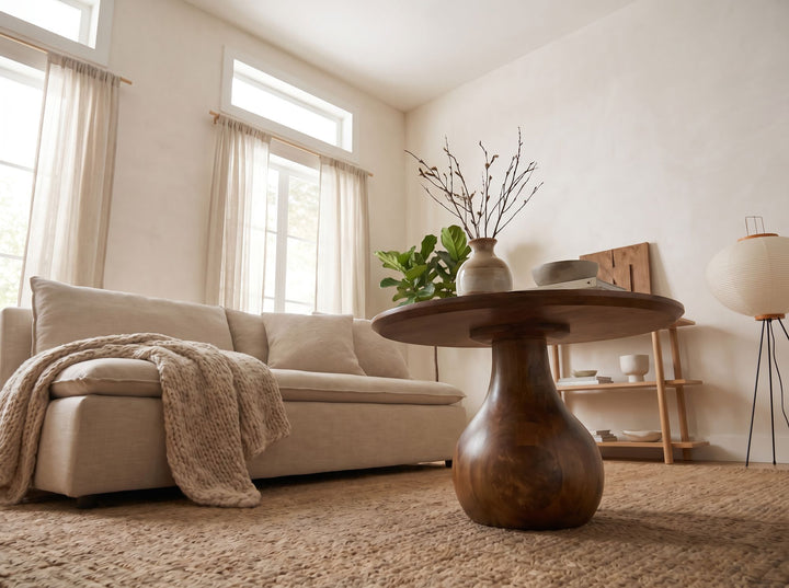 Rundt Sofabord 60 cm i Massivt Mangotræ – Dråbeformet Designbord i Træ