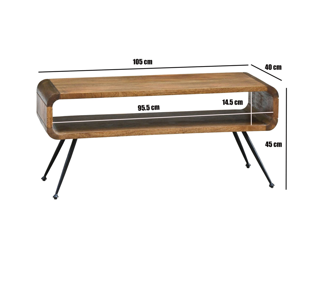 Sofabord 105 cm i Massivt Mangotræ og Metal – Rektangulært Designbord med Hylde