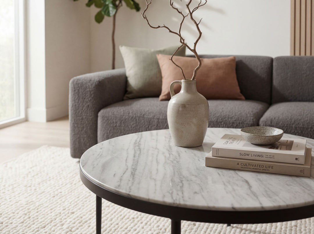 Rundt Sofabord 70 cm i Metal med Hvid Toronto Marmorbordplade – Elegant Designbord