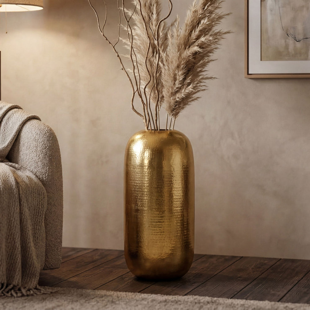 XXL Gulvvase 75 cm i Guldfarvet Aluminium – Stor Rund Metalvase til Boligindretning