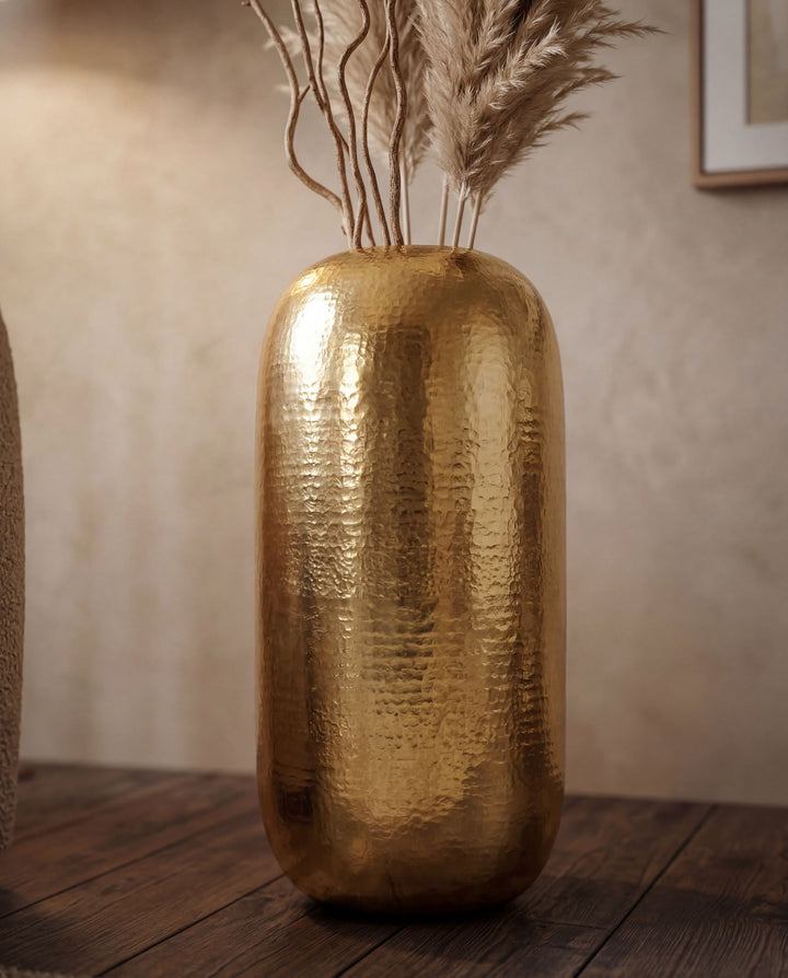 XXL Gulvvase 75 cm i Guldfarvet Aluminium – Stor Rund Metalvase til Boligindretning