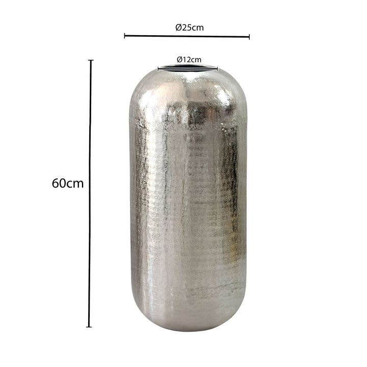 Gulvfarvet vase 60 cm i Sølv Aluminium – Stor Rund Metalvase til Boligindretning