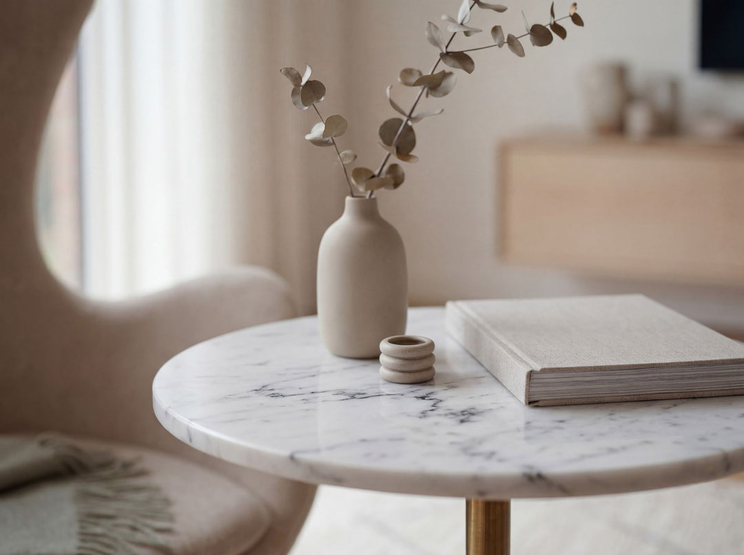 Rundt Sidebord 37 cm i Metal med Hvid Marmorbordplade – Elegant Designbord
