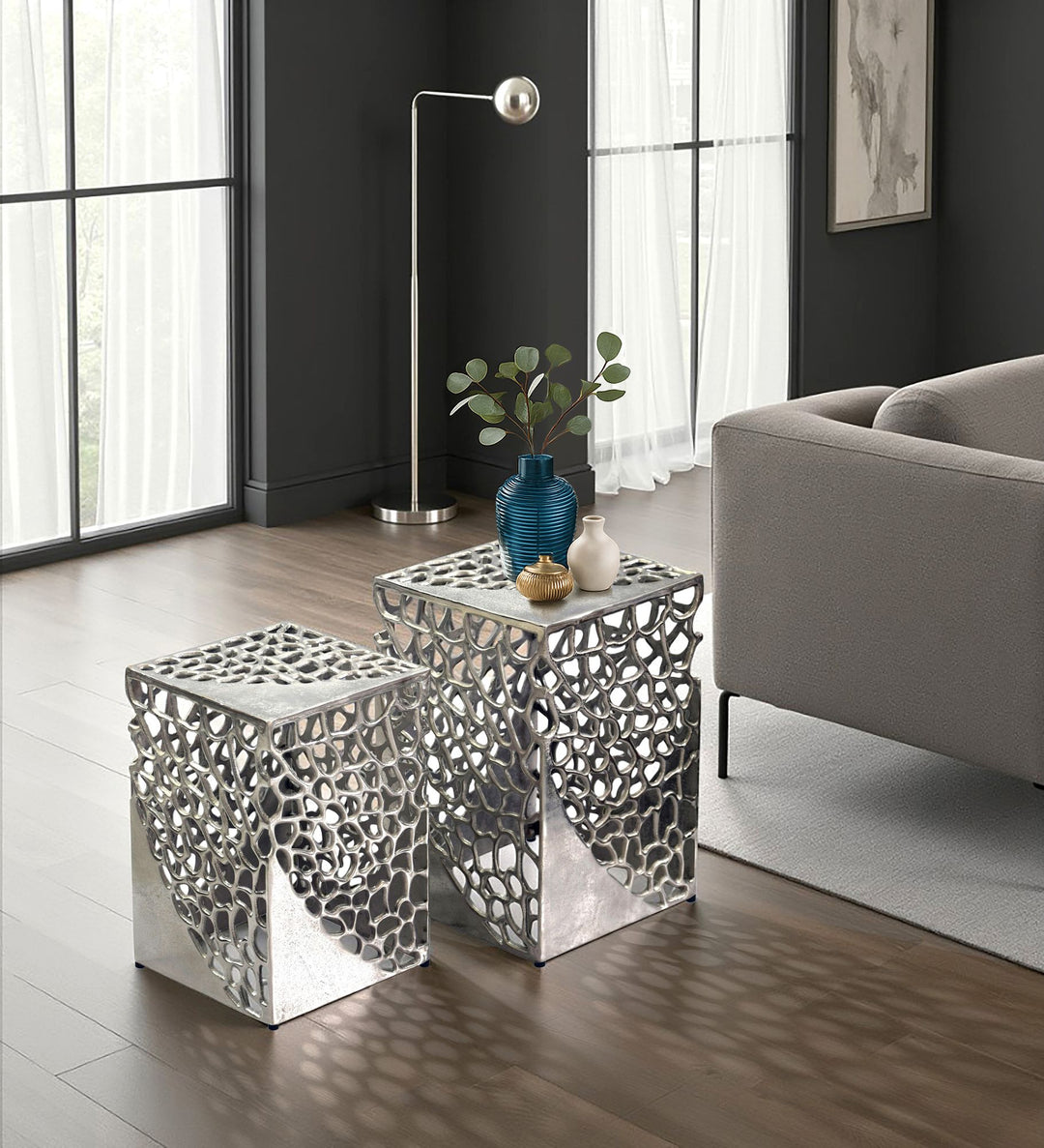 Sidebordssæt 2 stk. i Sølv Aluminium – Moderne Designborde i Metal