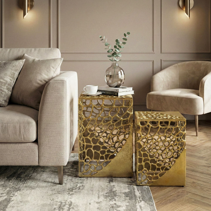 Sidebordssæt 2 stk. i Guld Aluminium – Moderne Designborde i Metal