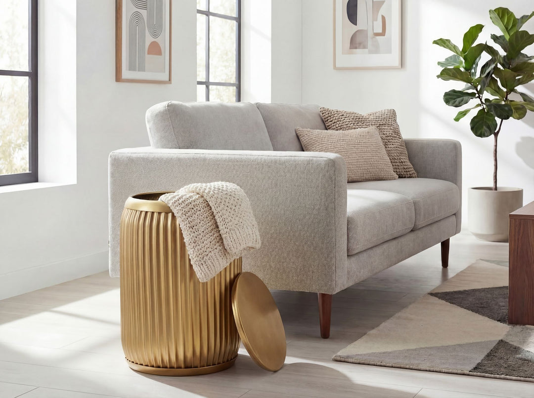 Rundt Sidebord 35 cm i Guld Metal med Aftagelig Bordplade – Designbord med Opbevaring