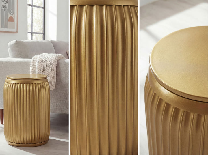 Rundt Sidebord 35 cm i Guld Metal med Aftagelig Bordplade – Designbord med Opbevaring