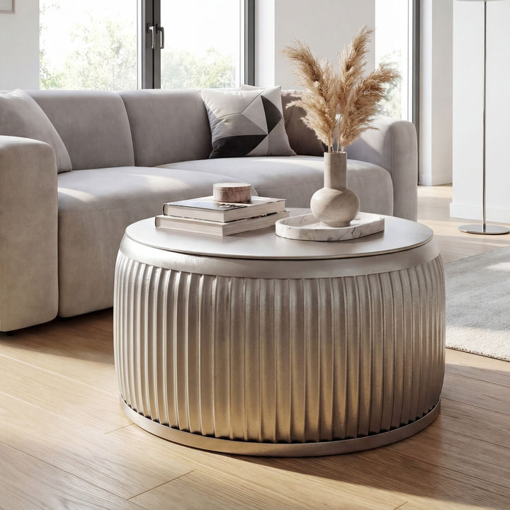 Rundt Sofabord 60 cm i Sølv Metal med Aftagelig Bordplade – Designbord med Opbevaring