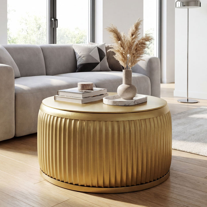 Rundt Sofabord 60 cm i Guld Metal med Aftagelig Bordplade – Designbord med Opbevaring