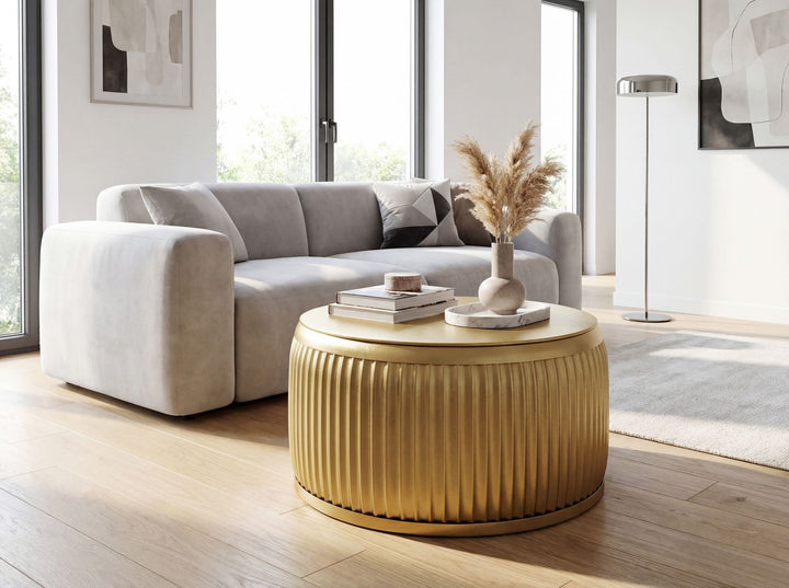 Rundt Sofabord 60 cm i Guld Metal med Aftagelig Bordplade – Designbord med Opbevaring