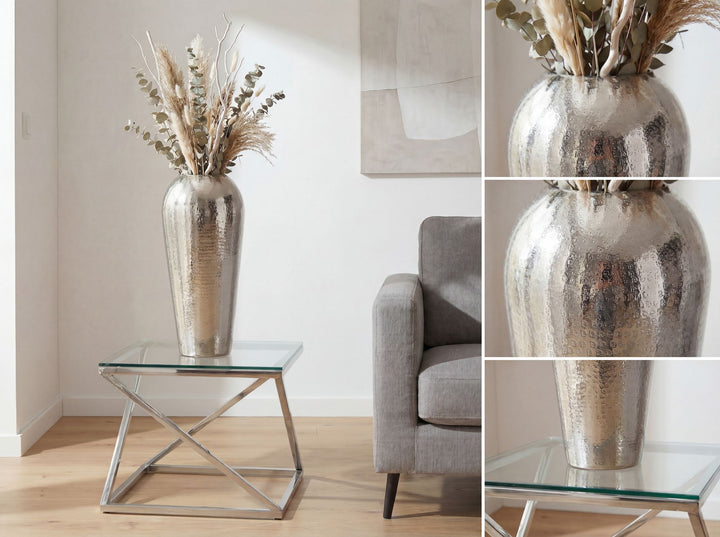Dekovase 50 cm i Sølv Aluminium – Moderne Rund Metalvase til Boligindretning