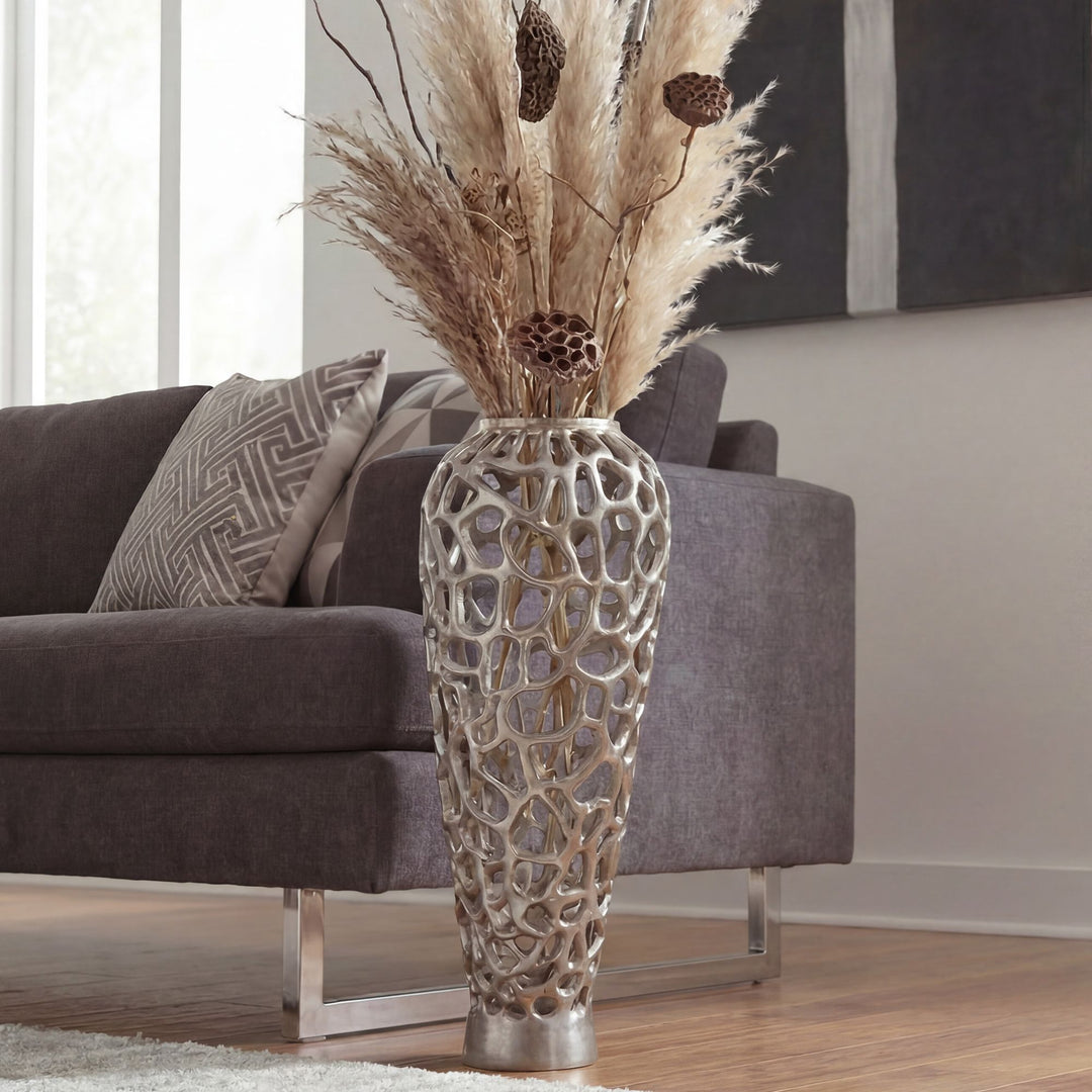 XXL Gulvvase 85 cm i Sølv Aluminium – Stor Moderne Metalvase til Tørrede Blomster