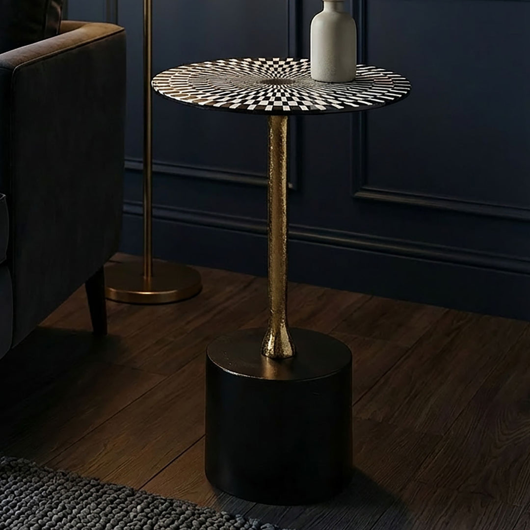 Sidebord i aluminium 49 cm med op-art mønster - lille rundt metaltillægsbord, håndlavet