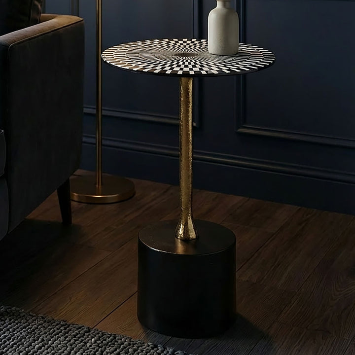 Sidebord i aluminium 49 cm med op-art mønster - lille rundt metaltillægsbord, håndlavet