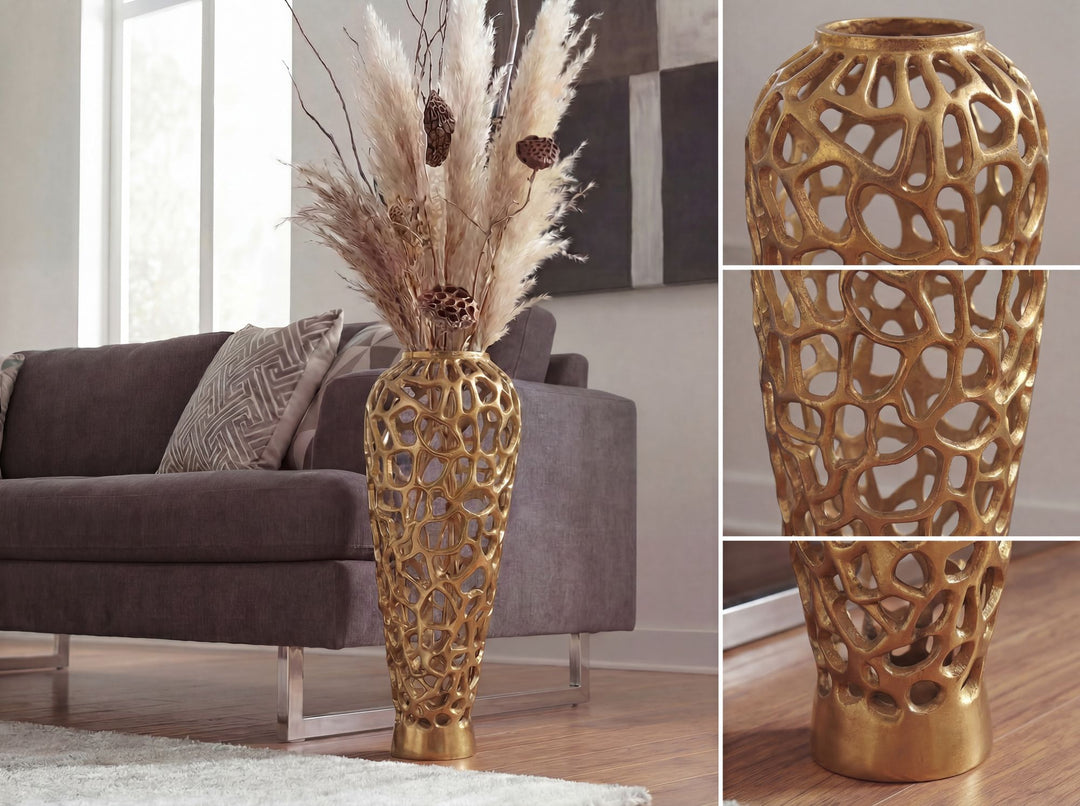 Stor Gulvvase 85 cm i Guld Aluminium – XXL Designvase i Metal til Tørrede Blomster