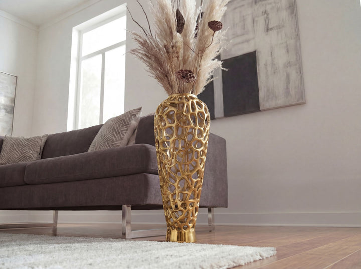 Gulvvase 60 cm i Guld Aluminium – Stor Moderne Metalvase til Tørrede Blomster