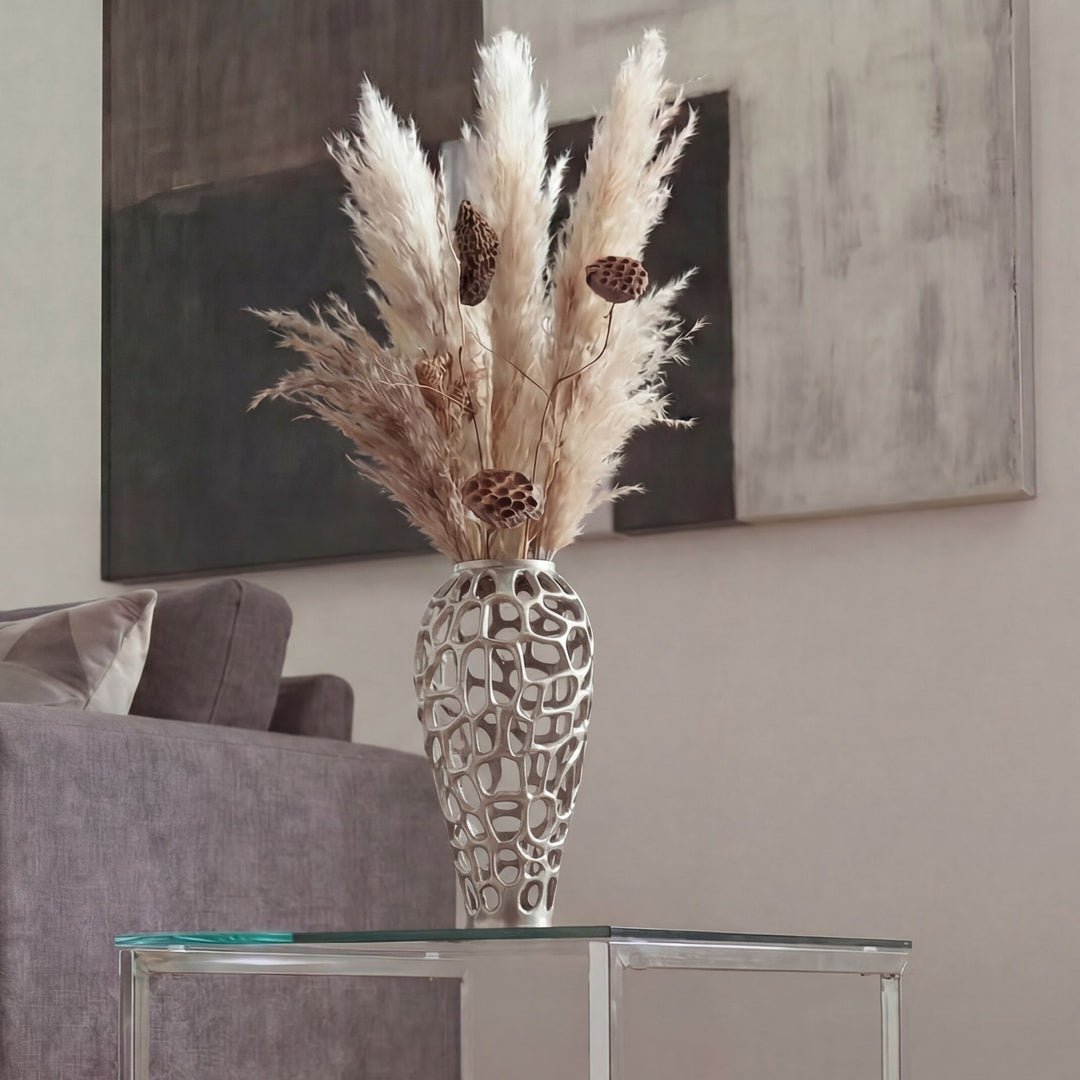 Dekovase 45 cm i Sølv Aluminium – Moderne Stor Metalvase til Tørrede Blomster