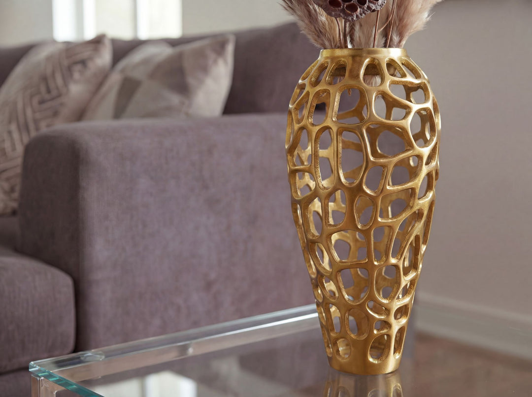 Dekovase 45 cm i Guld Aluminium – Moderne Stor Metalvase til Tørrede Blomster
