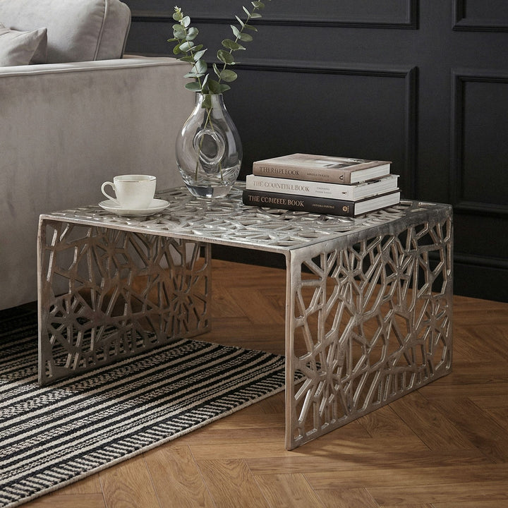 Sofabord aluminium sølvfarvet 60cm firkantet sofabord metal - stuebord aluminium moderne med mønster,  håndlavet