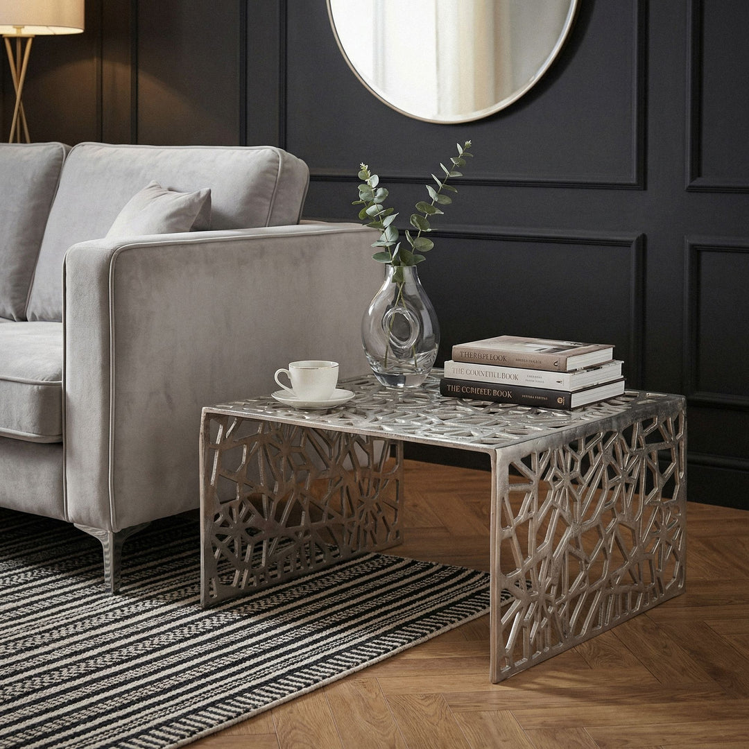 Sofabord aluminium sølvfarvet 60cm firkantet sofabord metal - stuebord aluminium moderne med mønster,  håndlavet