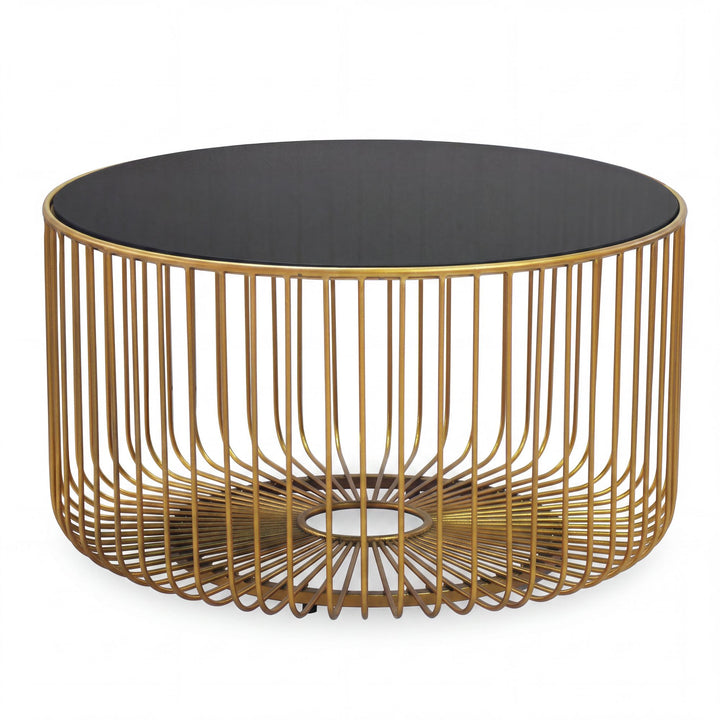 Rundt Sofabord 60 cm i Guld Metal med Glasplade – Moderne Designbord med Gitterstel