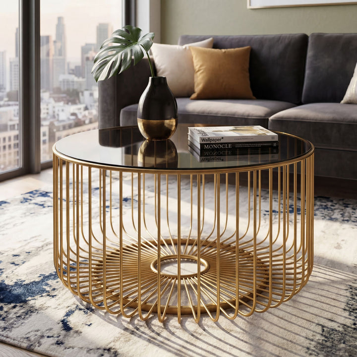 Rundt Sofabord 60 cm i Guld Metal med Glasplade – Moderne Designbord med Gitterstel
