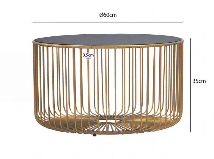 Rundt Sofabord 60 cm i Guld Metal med Glasplade – Moderne Designbord med Gitterstel