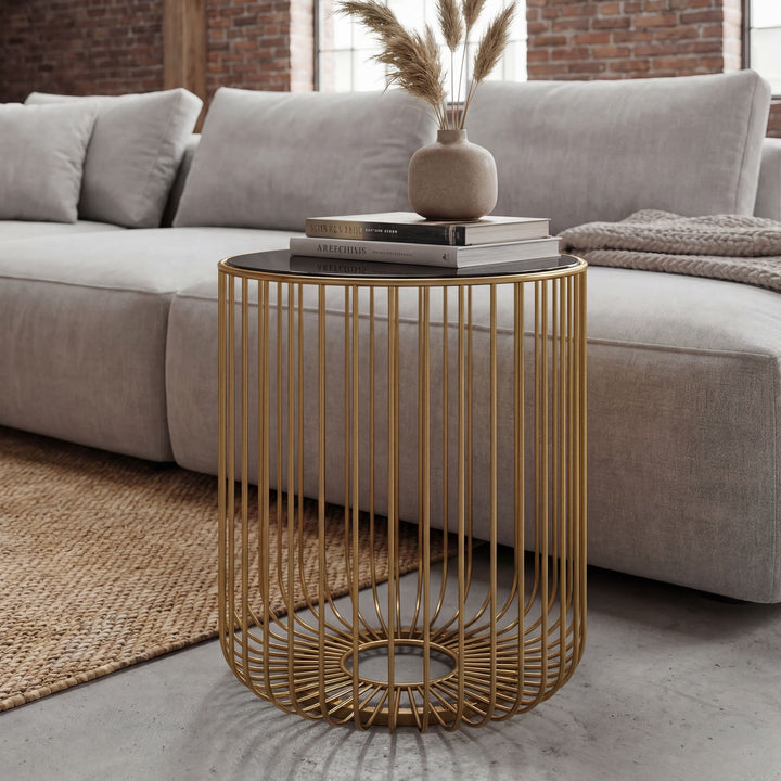 Rundt Sidebord 40 cm i Guld Metal med Glasplade – Moderne Designbord med Gitterstel