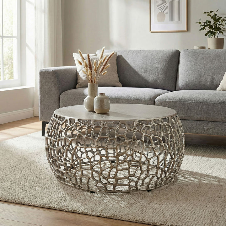 Rundt Sofabord 60 cm i Sølv Aluminium – Designbord med Grenstruktur