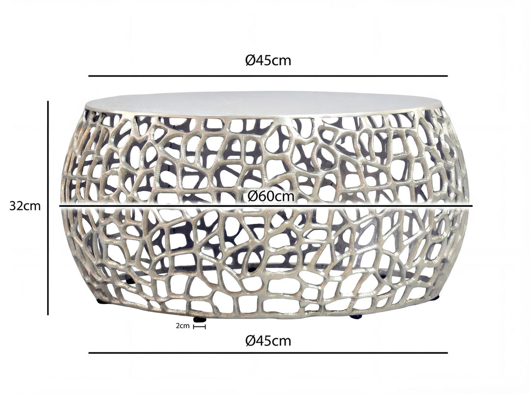 Rundt Sofabord 60 cm i Sølv Aluminium – Designbord med Grenstruktur