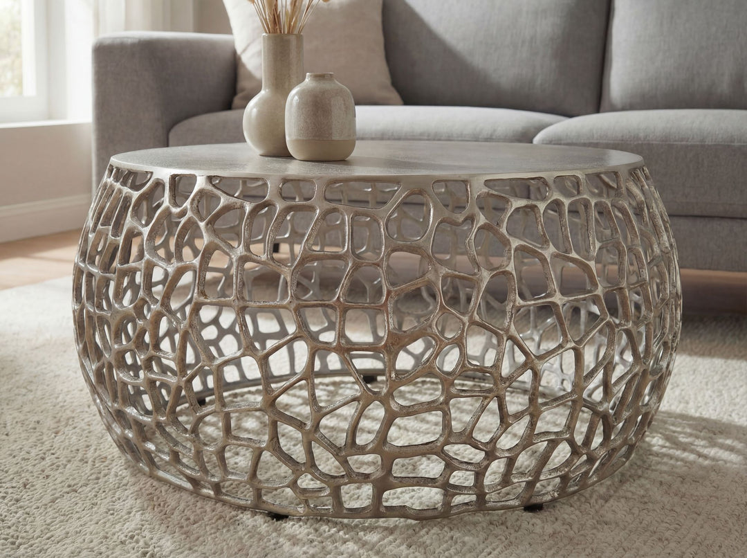 Rundt Sofabord 60 cm i Sølv Aluminium – Designbord med Grenstruktur