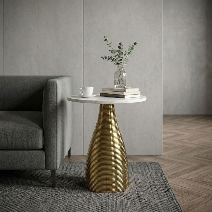 Rundt sidebord 40 cm guld med massiv marmorplade hvid - Natursten sofabord forlængerbord,  håndlavet