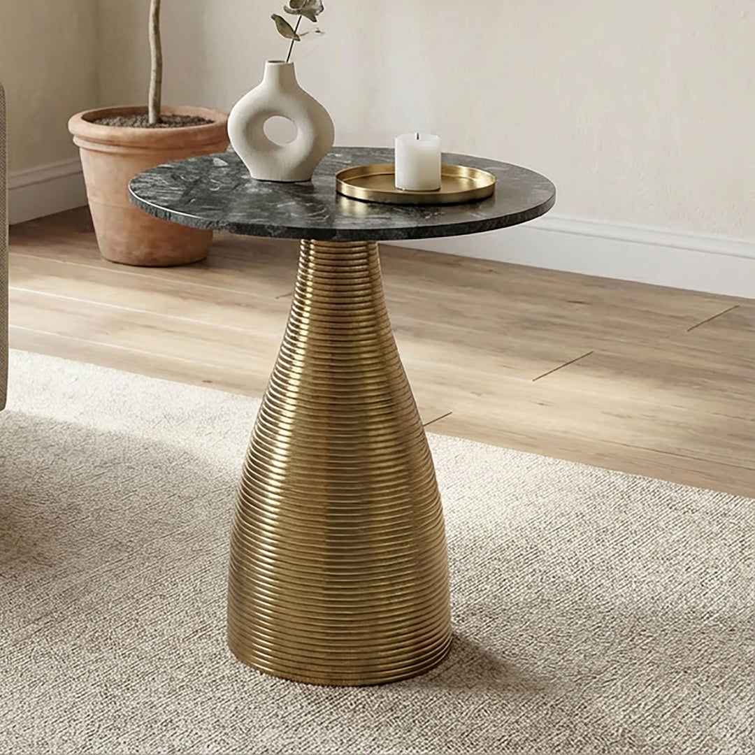 Rundt sidebord 40 cm guld med massiv marmorplade grøn - Sofabord natursten sidebord,  håndlavet