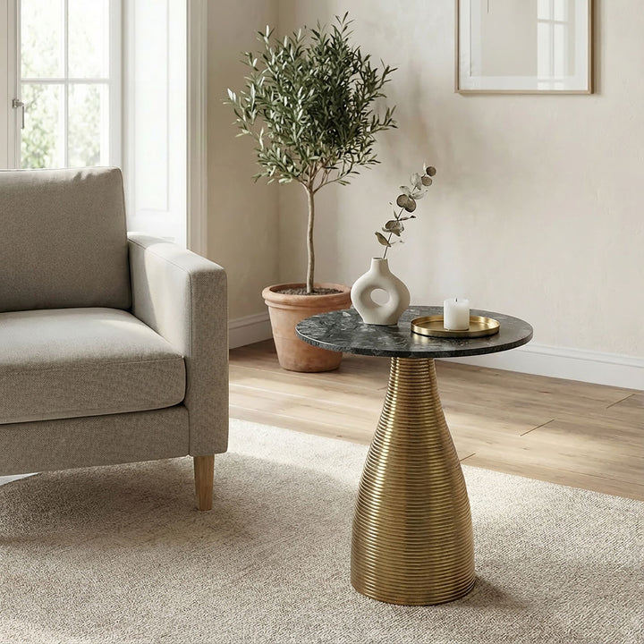 Rundt sidebord 40 cm guld med massiv marmorplade grøn - Sofabord natursten sidebord,  håndlavet