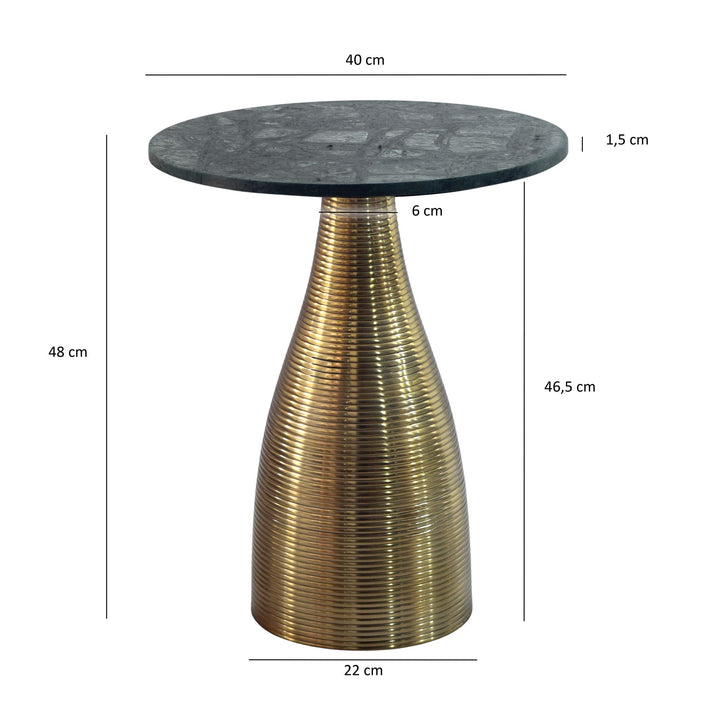 Rundt sidebord 40 cm guld med massiv marmorplade grøn - Sofabord natursten sidebord,  håndlavet