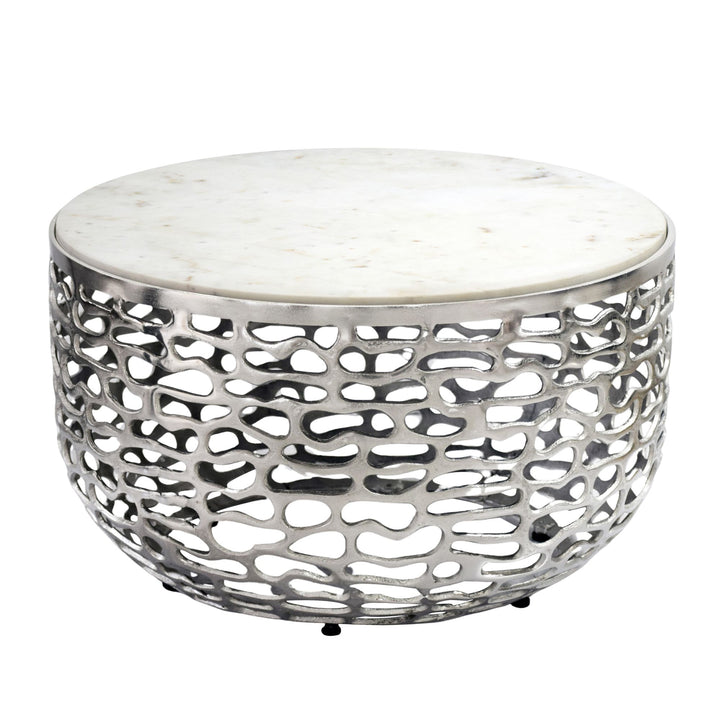 Designer metal sofabord sølvfarvet med hvid marmor, bordplade 60 cm rund, håndlavet